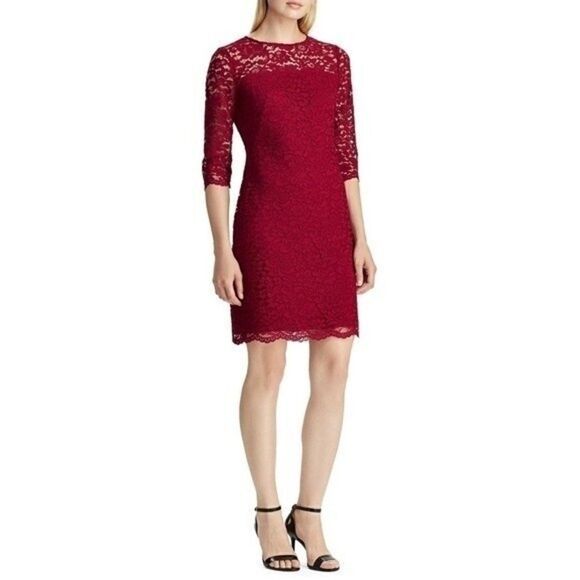 New! RALPH LAUREN Women's Floral Lace Sheath Red Dress Scalloped Hem Size 12 - Picture 1 of 7